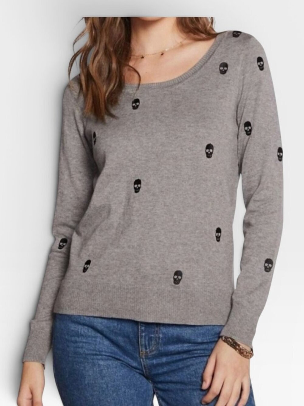 Chaser Cotton Cashmere Blend Embroidered Skull Sweater